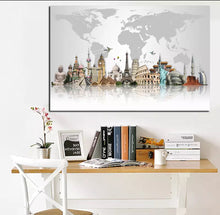 Load image into Gallery viewer, &#39;World Map with Wonders&#39; Print on Canvas Wall Decor Painting