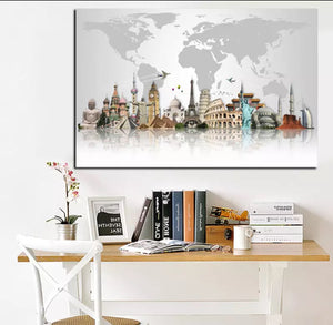 'World Map with Wonders' Print on Canvas Wall Decor Painting