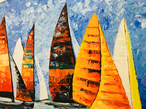Hand Painted Colorful Boats Canvas Art Wall Decor Painting
