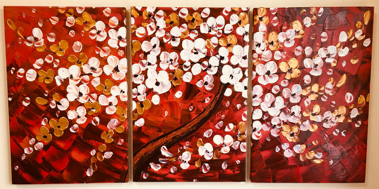 3Pc Hand Painted Canvas Art “ Cheerful Cherry Flowers