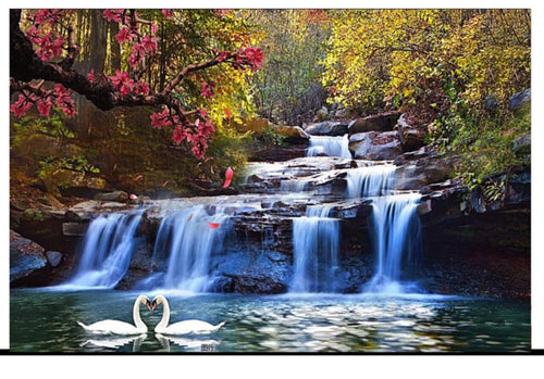 New Waterfall Canvas with Swan Couple and Flowers