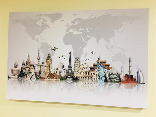 'World Map with Wonders' Print on Canvas Wall Decor Painting