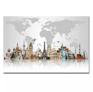 'World Map with Wonders' Print on Canvas Wall Decor Painting
